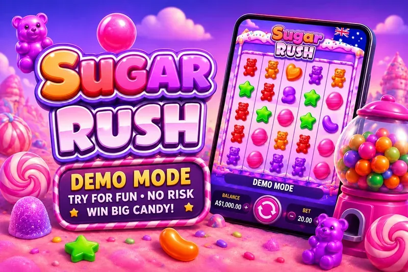 Sugar Rush demo mode banner for Australian players, showing colorful candy slot reels on a phone, an Australian flag and an A$1,000.00 balance.